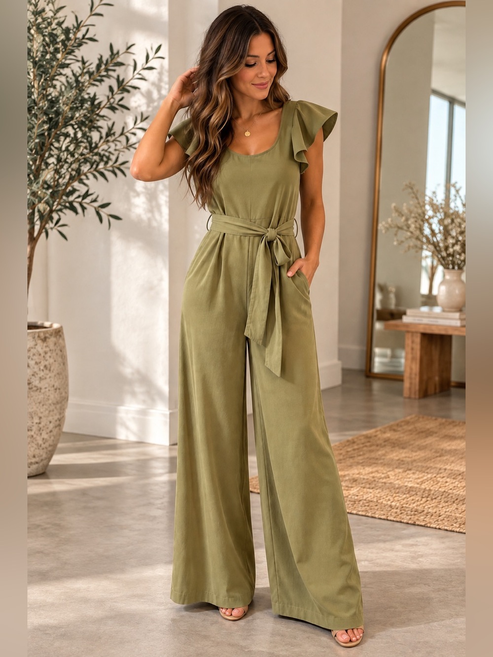 antonio melani size 4 olive green wide leg flutter sleeve jumpsuit